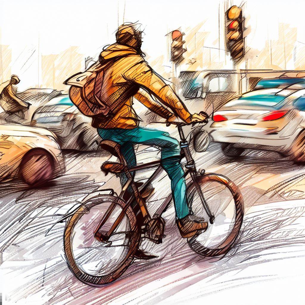 Color sketch of a cyclist in city traffic