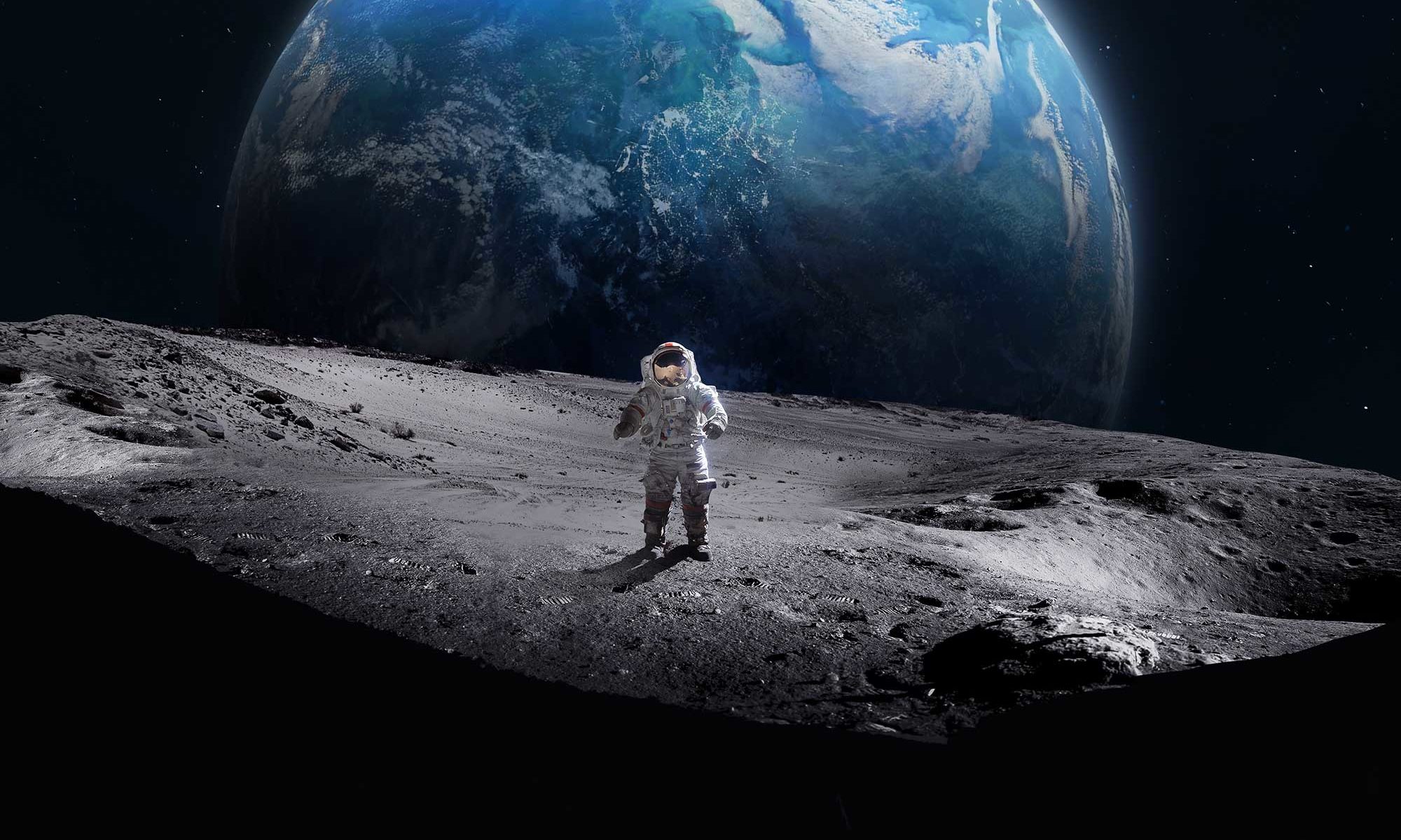 Color photo of an astronaut on the moon with earth in backdrop